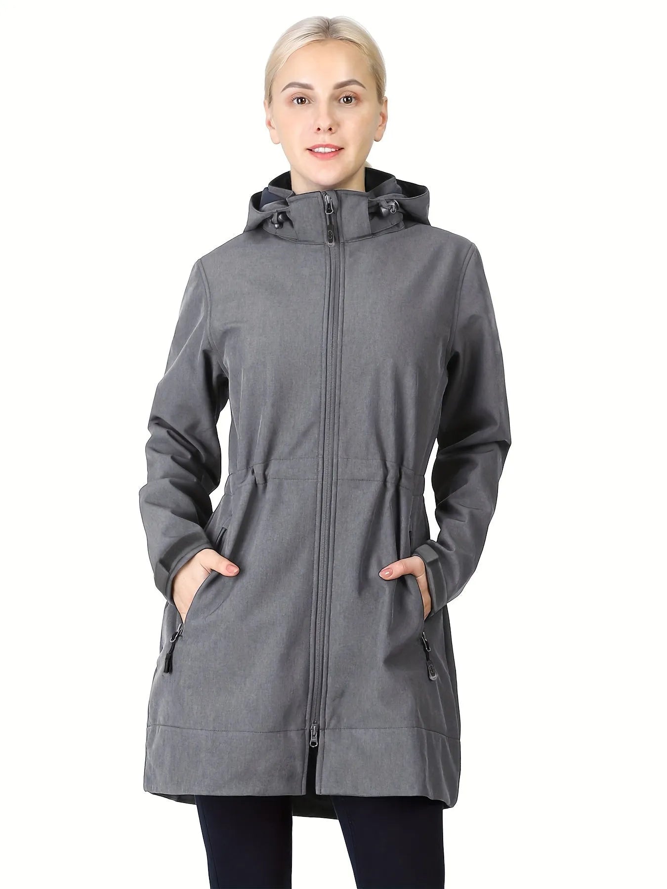 Damenmantel mit Kapuze in Grau, wasserabweisend, ideal für Herbst und Winter. Stilvoller Parka mit Reißverschlusstaschen und modernem Design.