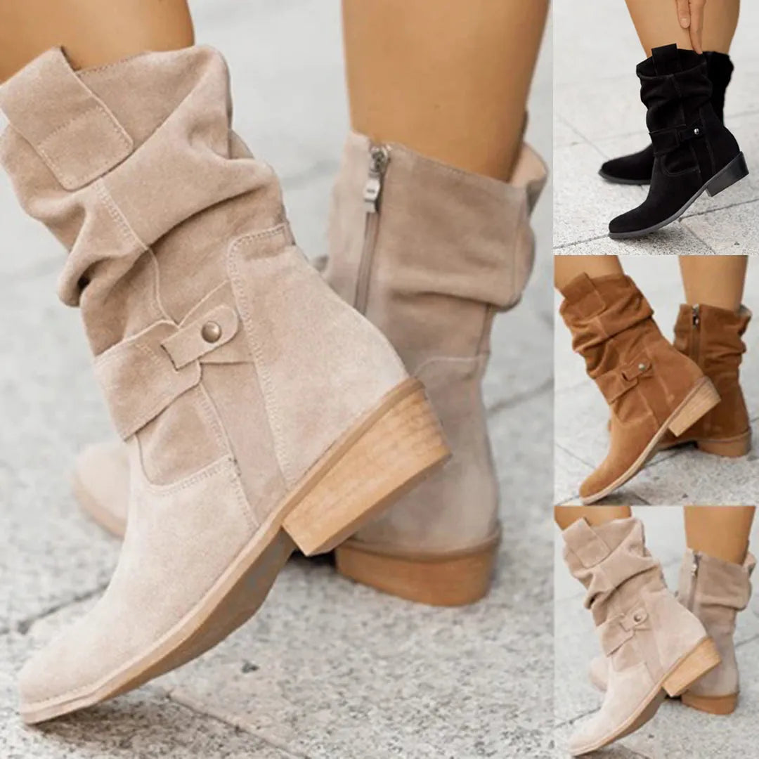 Damenstiefel aus Wildleder in Beige, Braun und Schwarz. Modische, bequeme Stiefeletten mit flachem Absatz und seitlichem Reißverschluss.