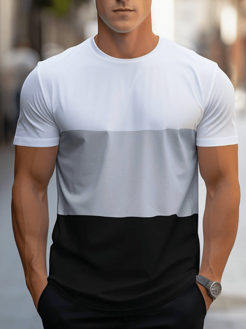 Mann trägt T-Shirt in Weiß, Grau und Schwarz, Kurzarm, lässig, modisch, Baumwolle.
