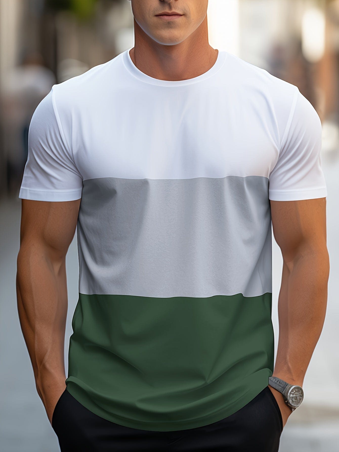 Männer T-Shirt, weiß-grau-grün, Kurzarm, Baumwolle, lässig, modisch, Streetwear.