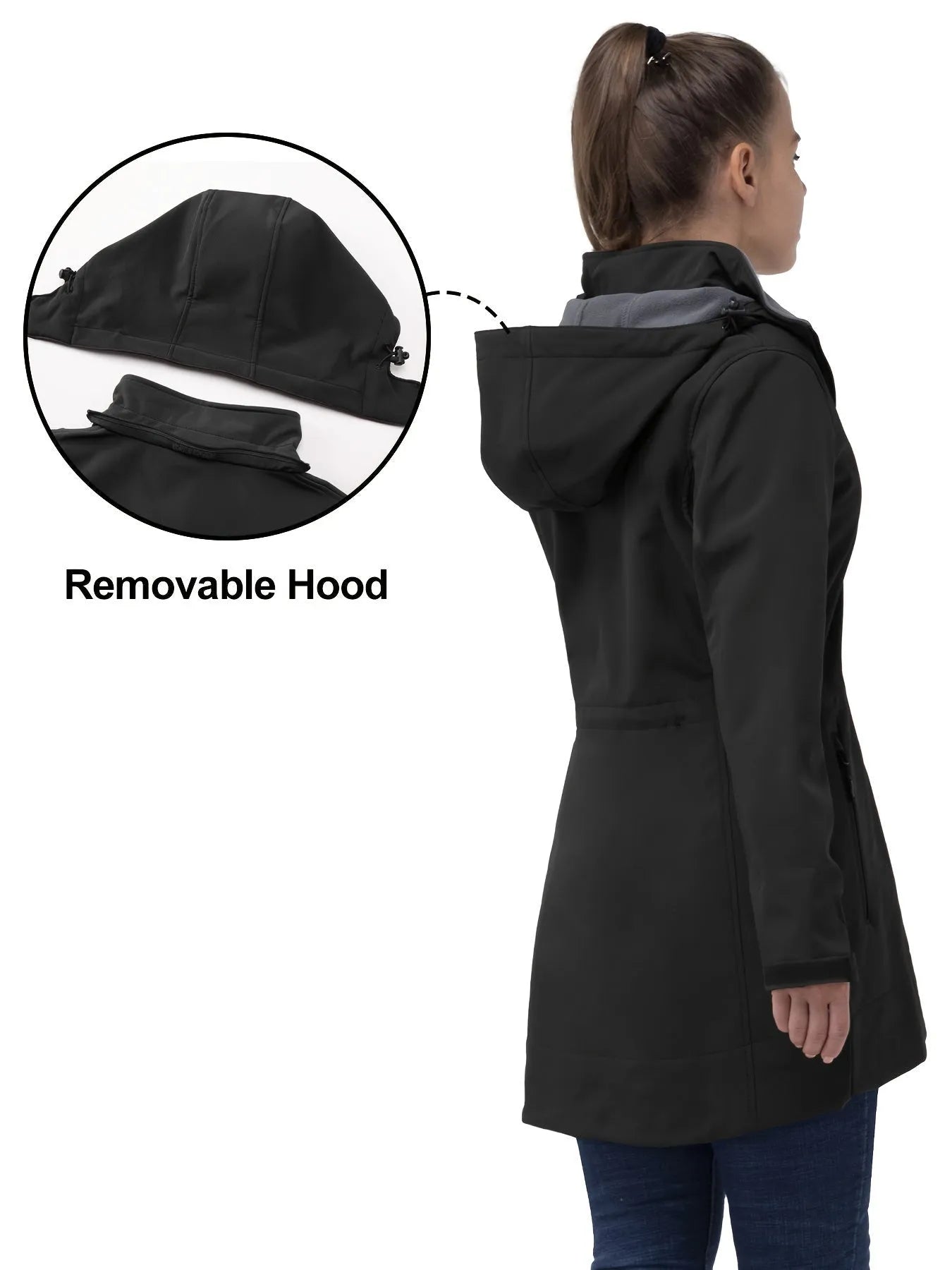 Damenmantel mit abnehmbarer Kapuze, schwarz, wasserabweisend, ideal für Herbst und Winter. Funktionale Outdoor-Bekleidung für Damen.