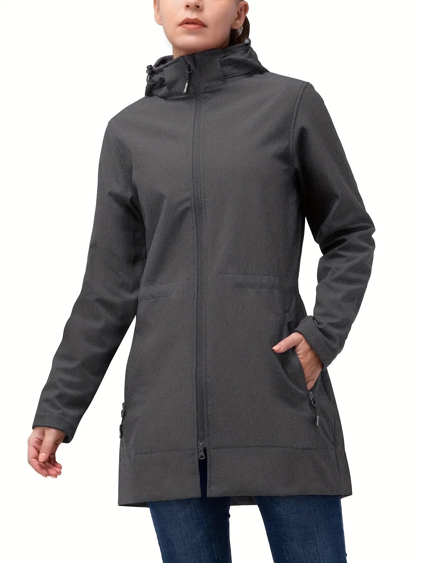Damen-Softshelljacke in Dunkelgrau, wasserabweisend, winddicht, mit Kapuze und Reißverschluss. Perfekt für Outdoor-Aktivitäten und Freizeit.