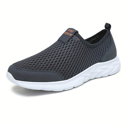 Dunkelgrauer Herren-Sneaker mit atmungsaktivem Mesh-Obermaterial und weißer Sohle. Ideal für Sport und Freizeit. Bequeme, leichte Schuhe.