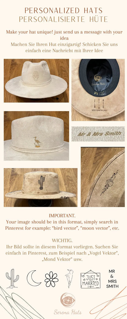 Personalisierter Hut aus Wildleder mit Kaktus-Stickerei, ideal für individuelle Mode. Perfekt für Pinterest-Suche: "Hut Vektor", "Kaktus Design".