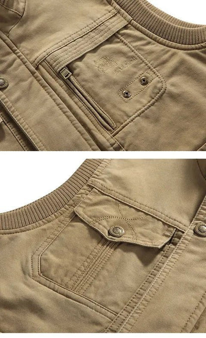 Vintage Herrenweste mit mehreren Taschen, beige, Baumwolle, Outdoor-Bekleidung.