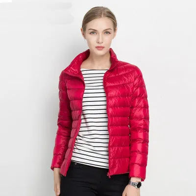 Rote Damen-Daunenjacke, leicht und stilvoll, ideal für Herbst und Winter. Perfekt kombinierbar mit Streifenshirt und schwarzer Hose.