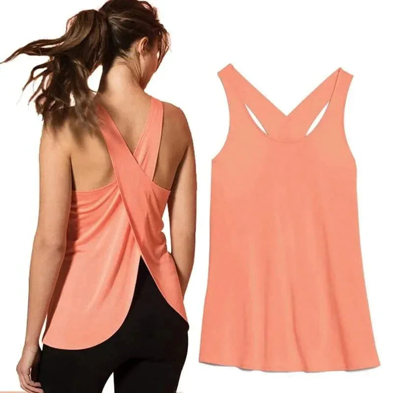 Damen Sporttop mit überkreuztem Rücken in Rosa, ideal für Fitness und Yoga. Atmungsaktives Material, modisches Design, perfekte Passform.
