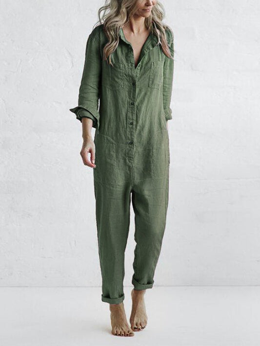 Grüner langärmeliger Jumpsuit aus Leinen für Damen, lässig, bequem, modisch.