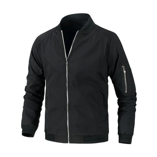 Schwarze Bomberjacke mit Reißverschluss, Herrenmode, lässig, Polyester, langärmelig.